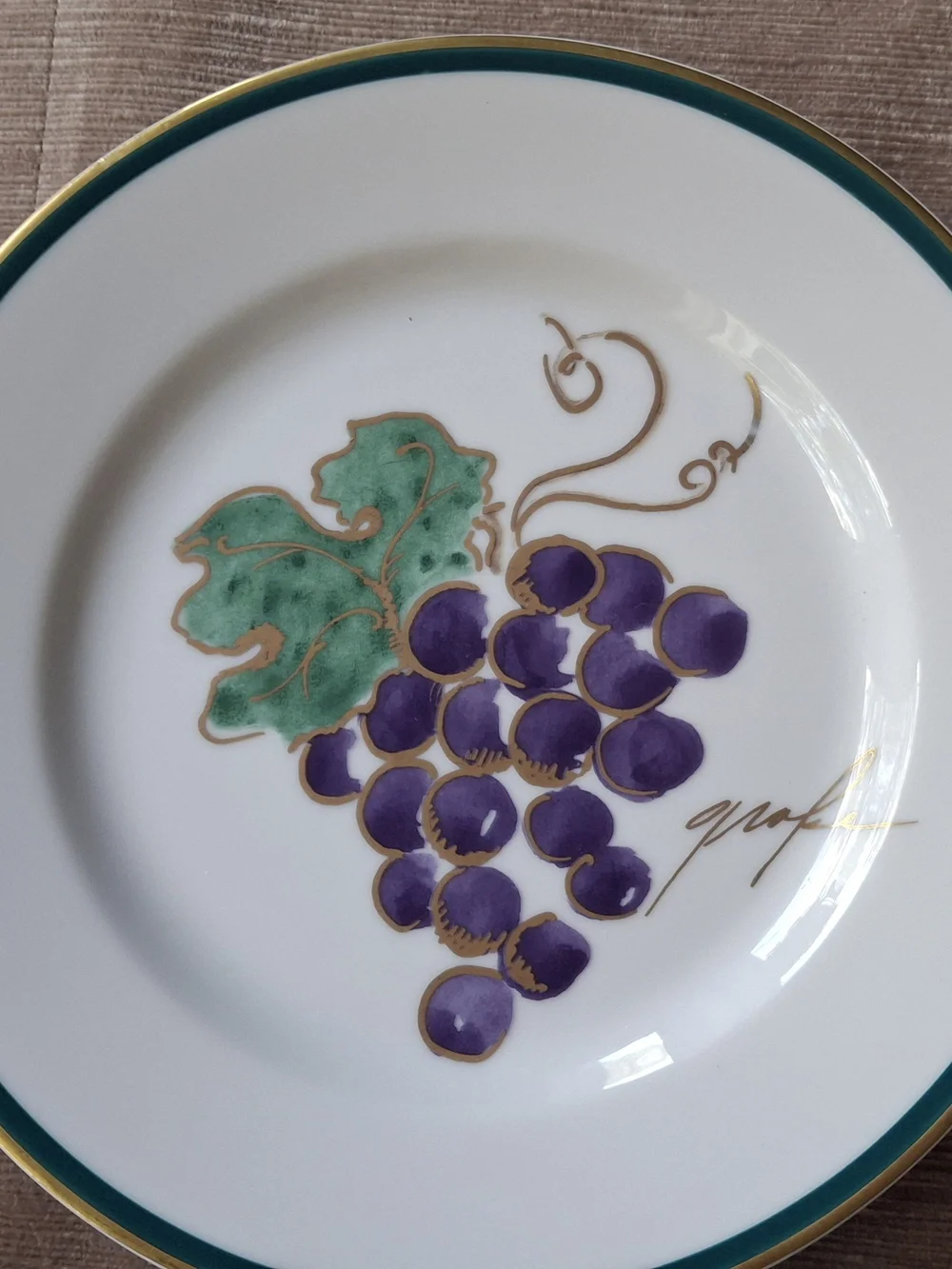 Crate&Barrel Fruit Motif Plates with Green and Gold Trim
